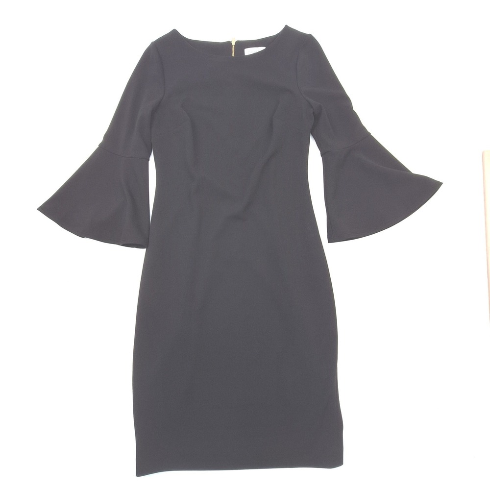Calvin Klein Sheath Dress Womens 6 Black Bell Sleeve Zip Professional Minimalist